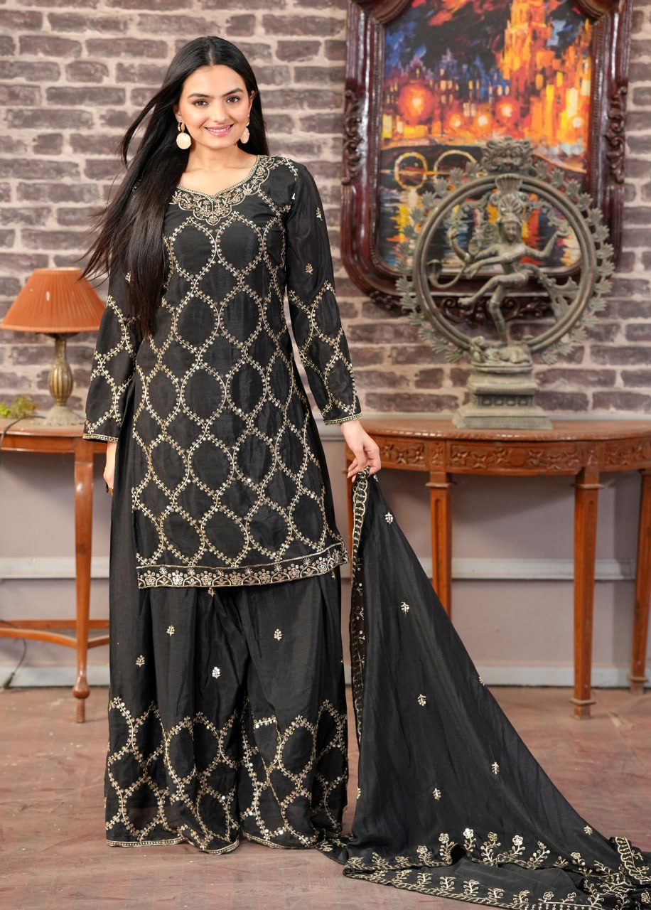 Teeya Creation Black Color Chinnon Silk Heavy Embroidery Work Fully Stitched Sharara Suit | Grocsy