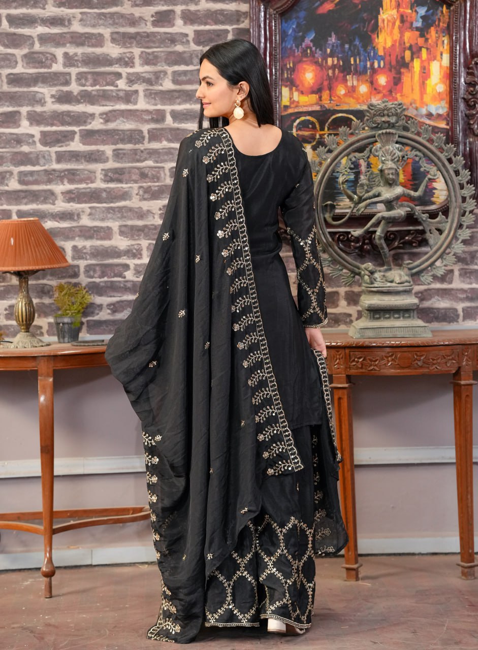 Teeya Creation Black Color Chinnon Silk Heavy Embroidery Work Fully Stitched Sharara Suit | Grocsy