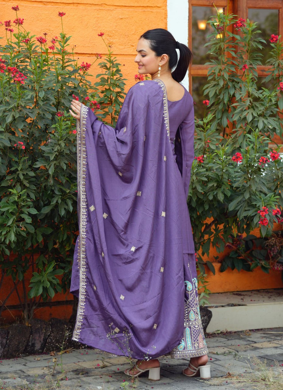 Teeya Creation Dark Lavender Color Chinnon Silk Heavy Embroidery Work Fully Stitched Sharara Suit | Grocsy