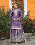 Teeya Creation Dark Lavender Color Chinnon Silk Heavy Embroidery Work Fully Stitched Sharara Suit | Grocsy