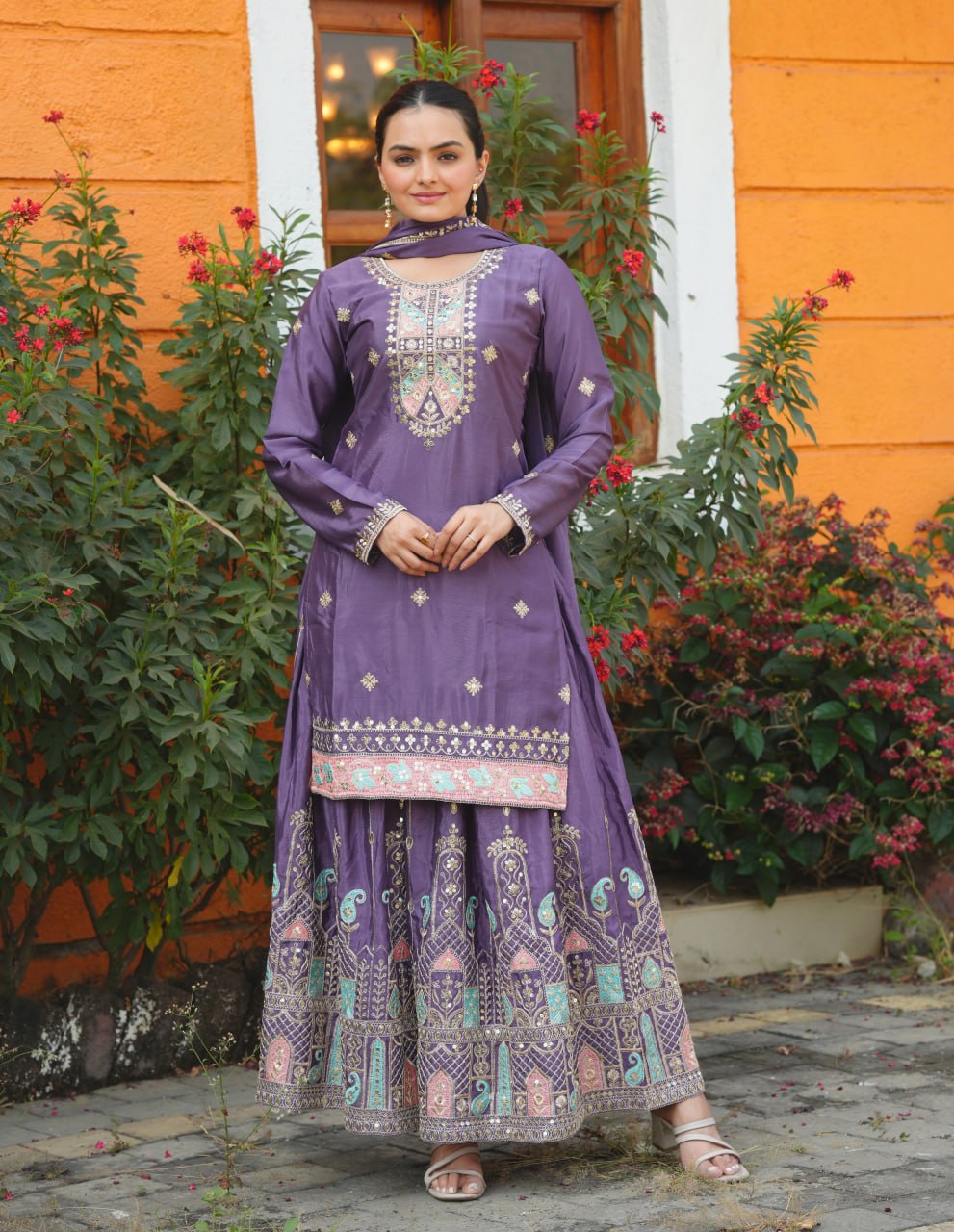 Teeya Creation Dark Lavender Color Chinnon Silk Heavy Embroidery Work Fully Stitched Sharara Suit | Grocsy