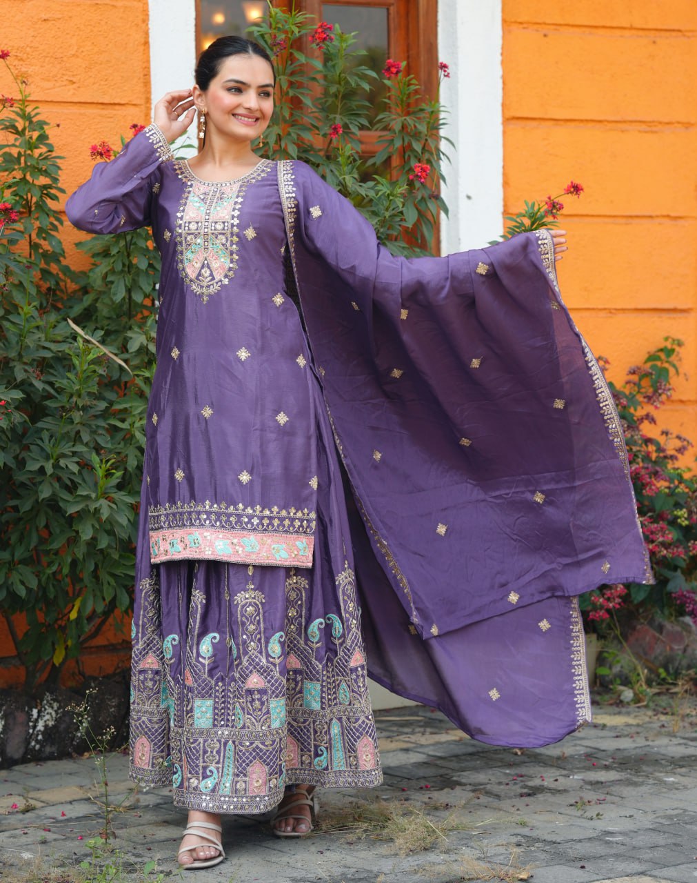 Teeya Creation Dark Lavender Color Chinnon Silk Heavy Embroidery Work Fully Stitched Sharara Suit | Grocsy