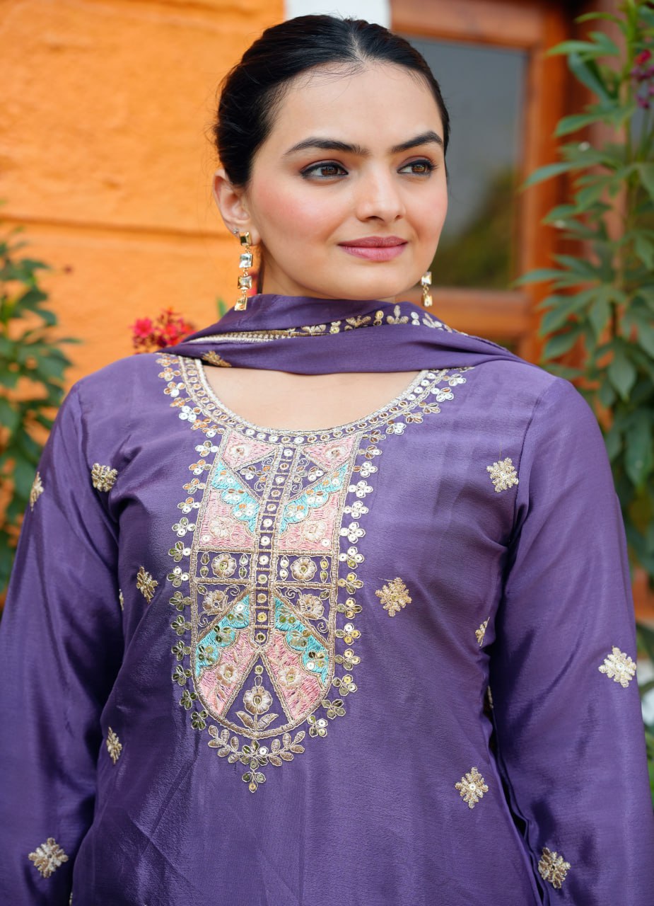 Teeya Creation Dark Lavender Color Chinnon Silk Heavy Embroidery Work Fully Stitched Sharara Suit | Grocsy