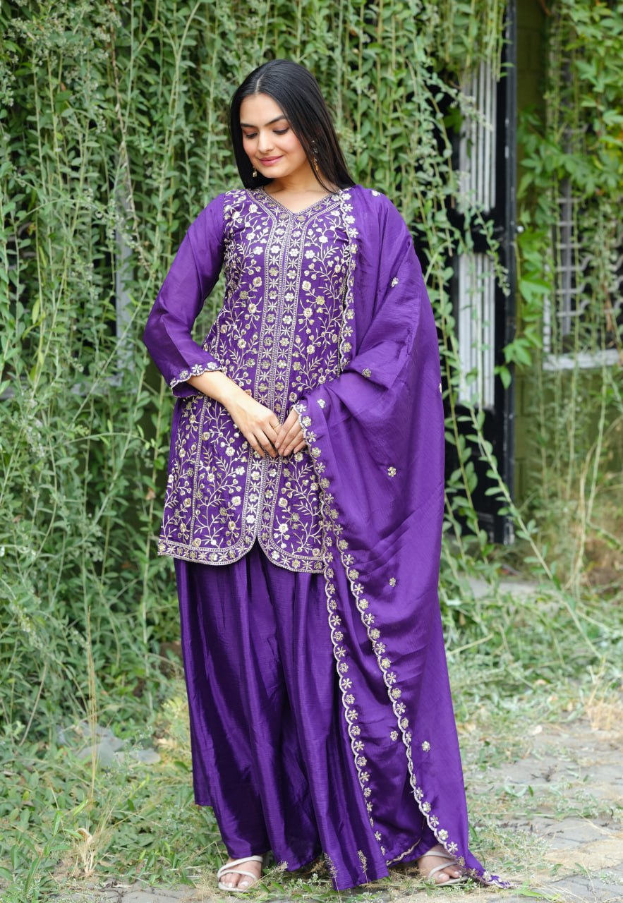 Teeya Creation Purple Color Chinnon Silk Heavy Embroidery Work Fully Stitched Sharara Suit | Grocsy