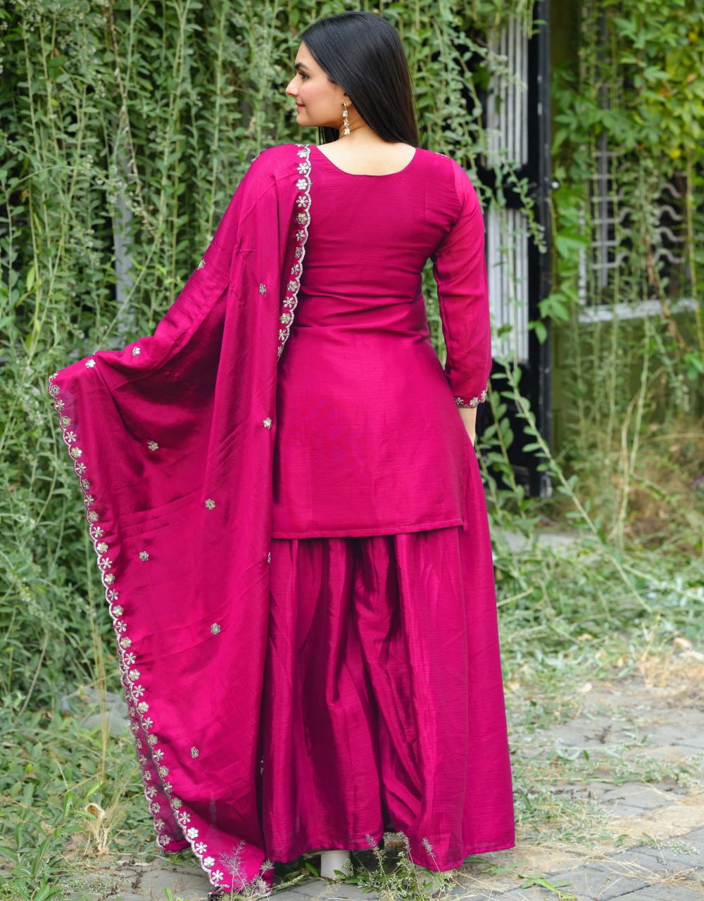 Teeya Creation Rani Color Chinnon Silk Heavy Embroidery Work Fully Stitched Sharara Suit | Grocsy