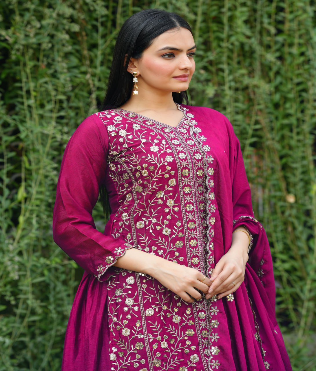Teeya Creation Rani Color Chinnon Silk Heavy Embroidery Work Fully Stitched Sharara Suit | Grocsy