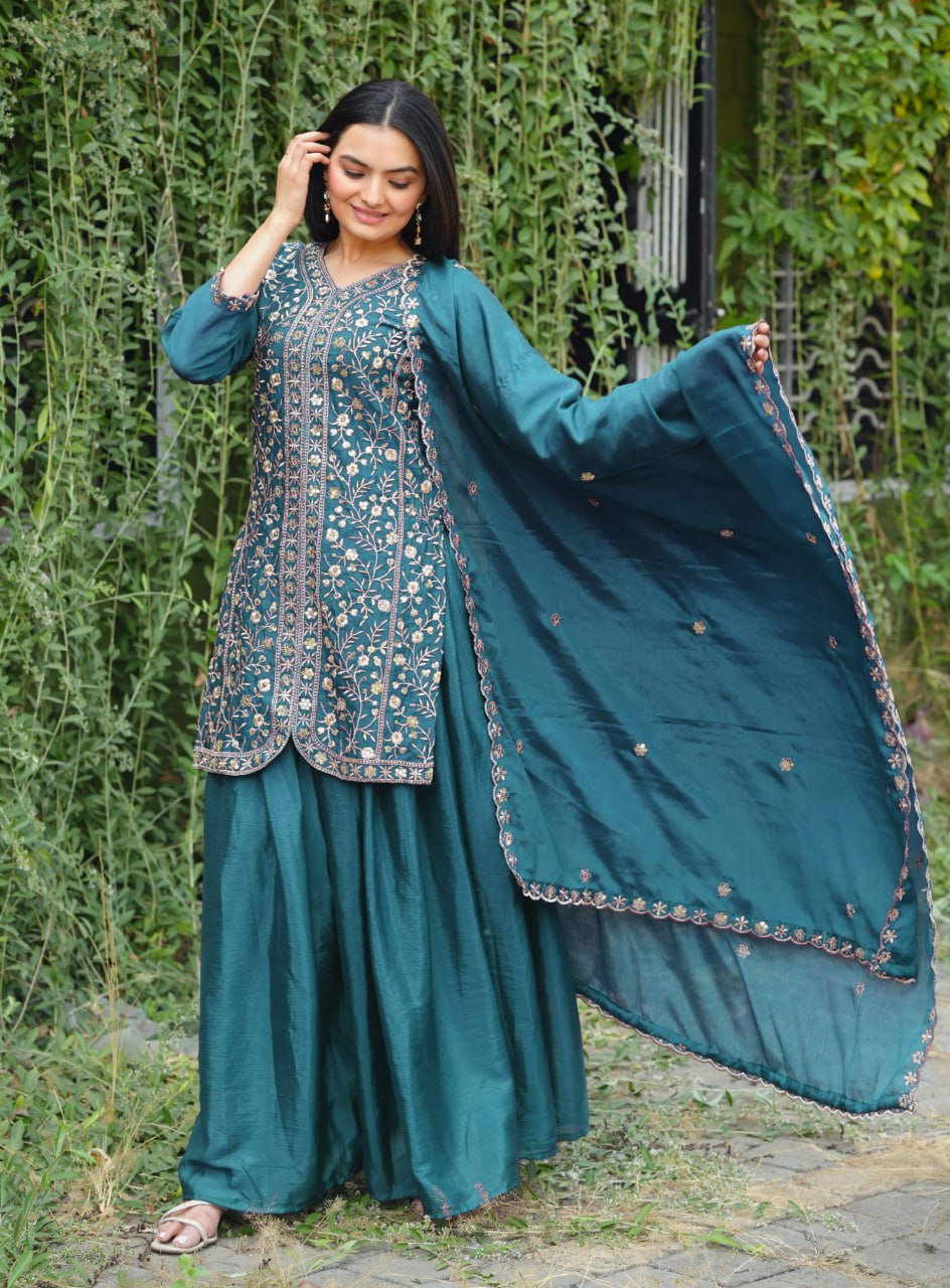 Prazu Fashion Morpich Chinon Silk Embroidered Sharara Suit | Grocsy