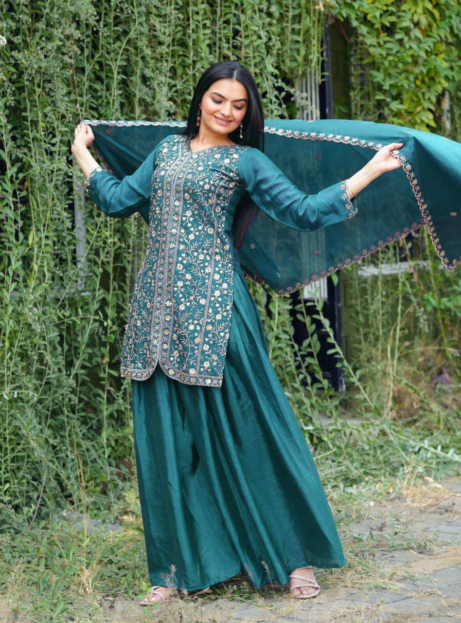 Prazu Fashion Morpich Chinon Silk Embroidered Sharara Suit | Grocsy