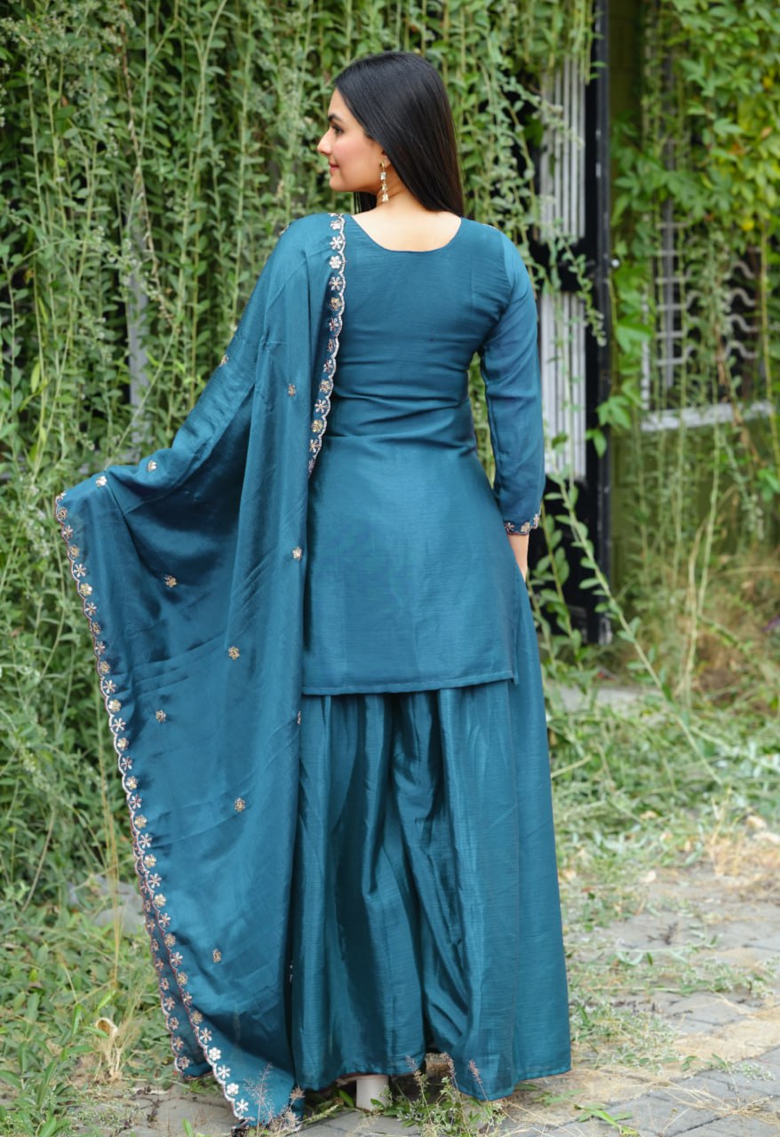 Prazu Fashion Morpich Chinon Silk Embroidered Sharara Suit | Grocsy
