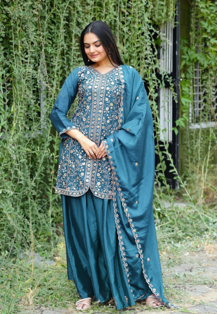 Prazu Fashion Morpich Chinon Silk Embroidered Sharara Suit | Grocsy