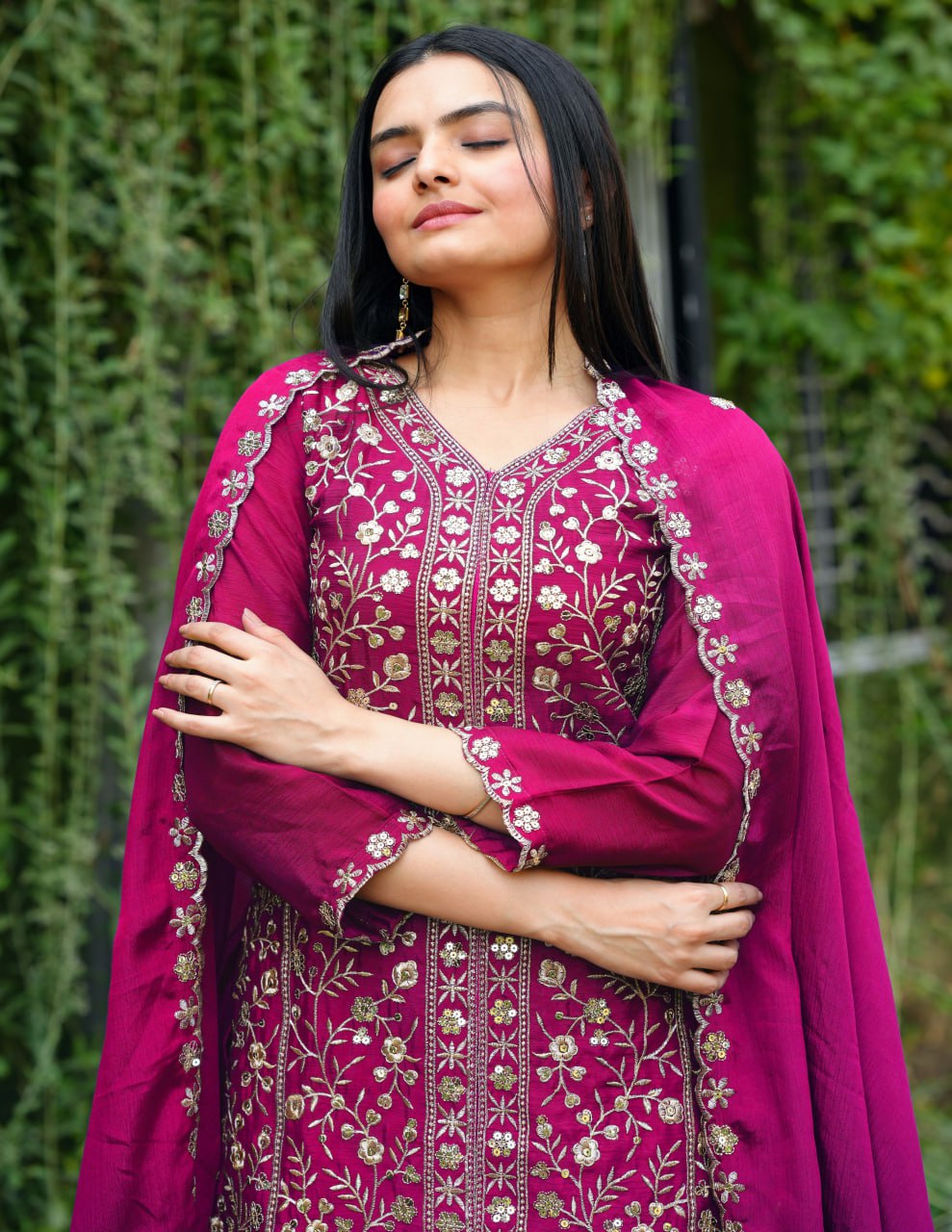 Prazu Fashion Pink Chinon Silk Sequence Embroidered Sharara Suit | Grocsy