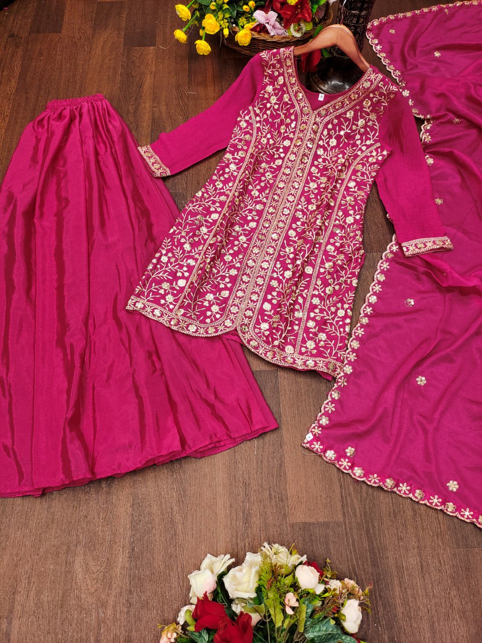 Prazu Fashion Pink Chinon Silk Sequence Embroidered Sharara Suit | Grocsy