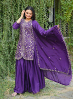Prazu Fashion Violet Chinon Silk Sequence Embroidered Sharara Suit | Grocsy