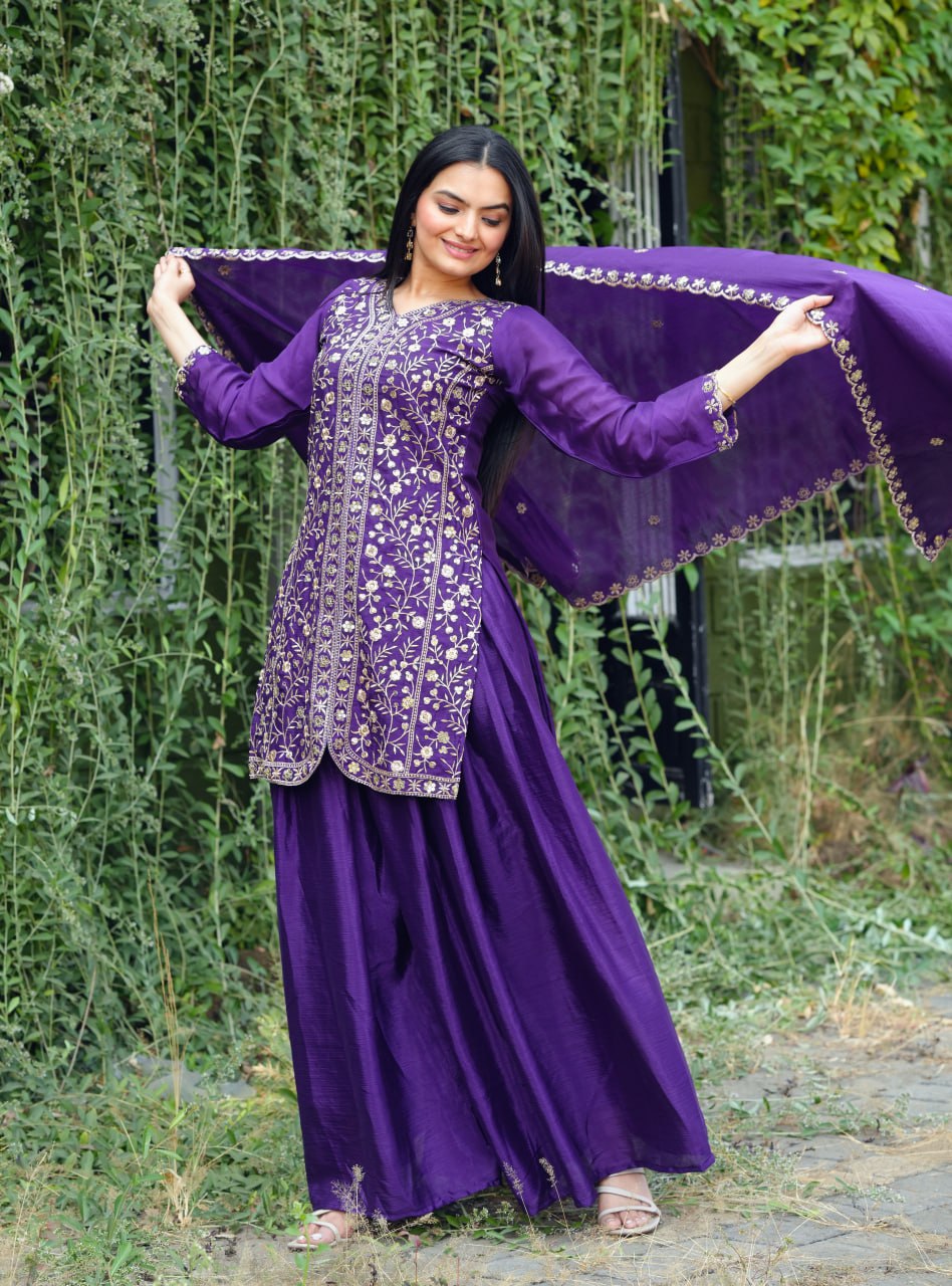 Prazu Fashion Violet Chinon Silk Sequence Embroidered Sharara Suit | Grocsy