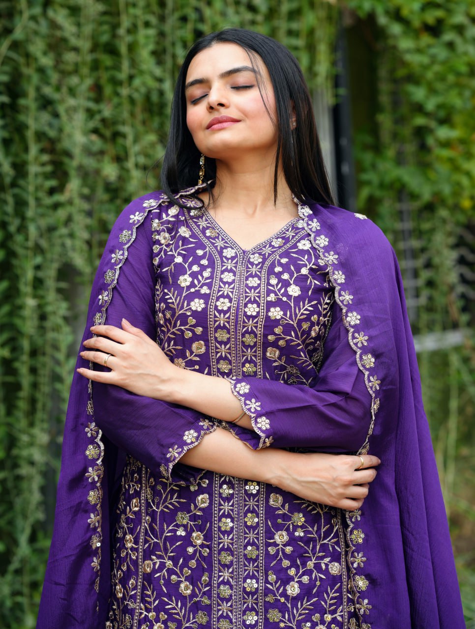 Prazu Fashion Violet Chinon Silk Sequence Embroidered Sharara Suit | Grocsy
