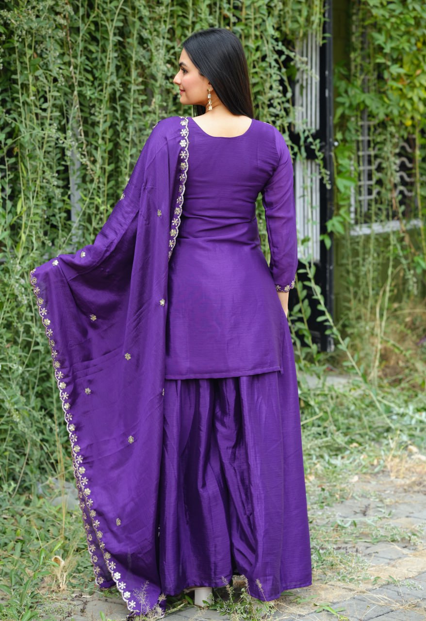 Prazu Fashion Violet Chinon Silk Sequence Embroidered Sharara Suit | Grocsy