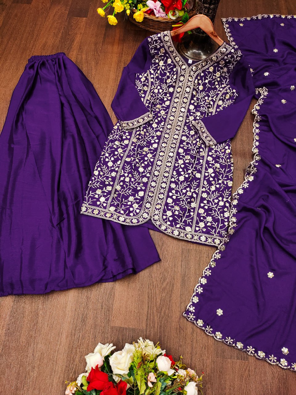 Prazu Fashion Violet Chinon Silk Sequence Embroidered Sharara Suit | Grocsy