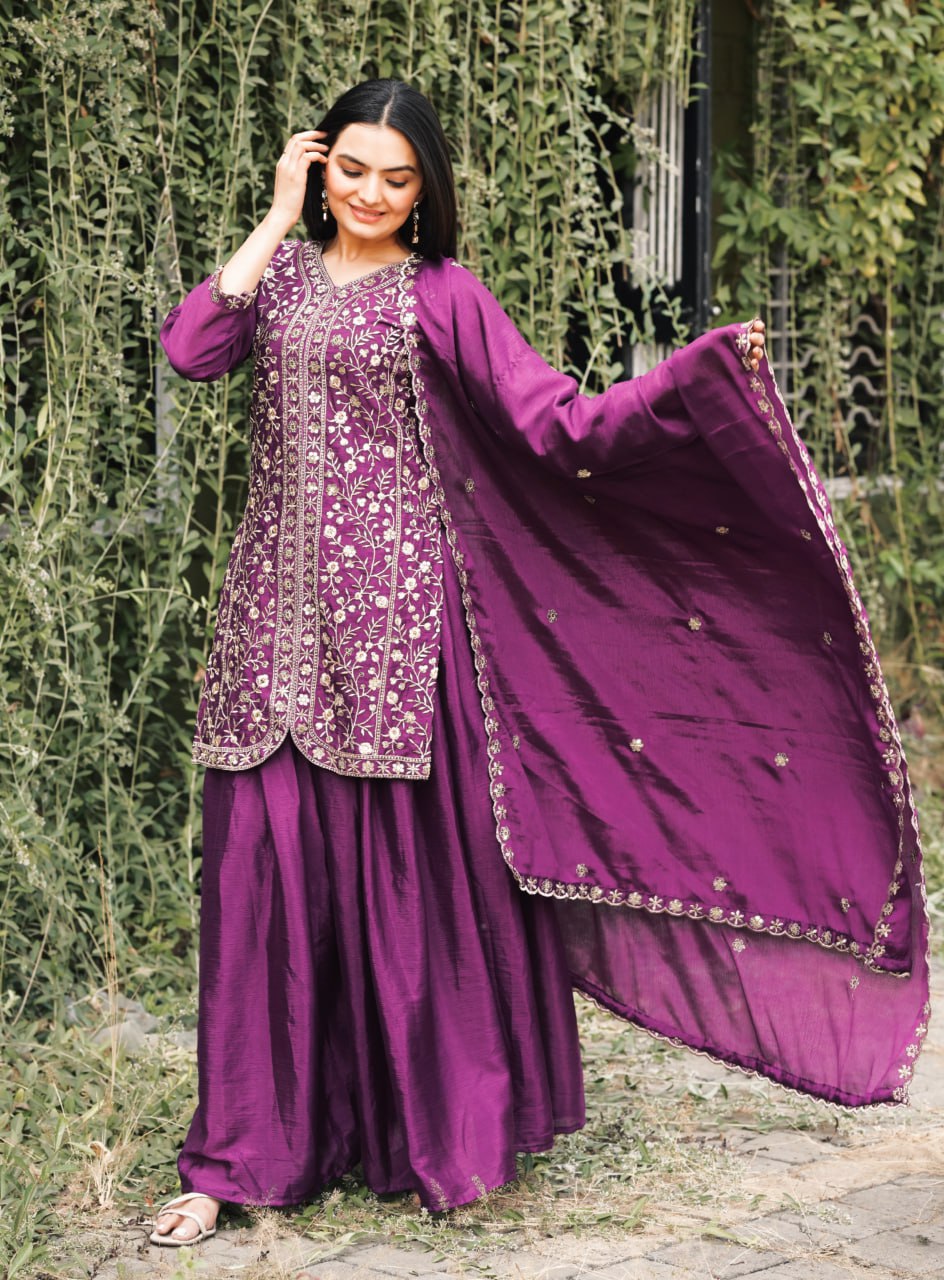 Prazu Fashion Wine Chinon Silk Embroidered Sharara Suit | Grocsy