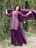 Prazu Fashion Wine Chinon Silk Embroidered Sharara Suit | Grocsy