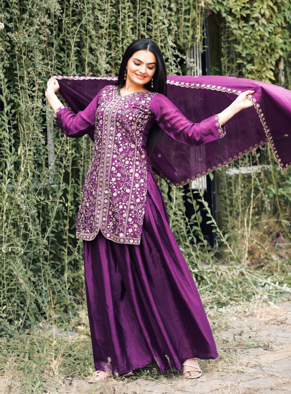 Prazu Fashion Wine Chinon Silk Embroidered Sharara Suit | Grocsy