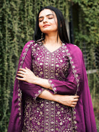 Prazu Fashion Wine Chinon Silk Embroidered Sharara Suit | Grocsy