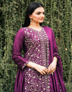 Prazu Fashion Wine Chinon Silk Embroidered Sharara Suit | Grocsy