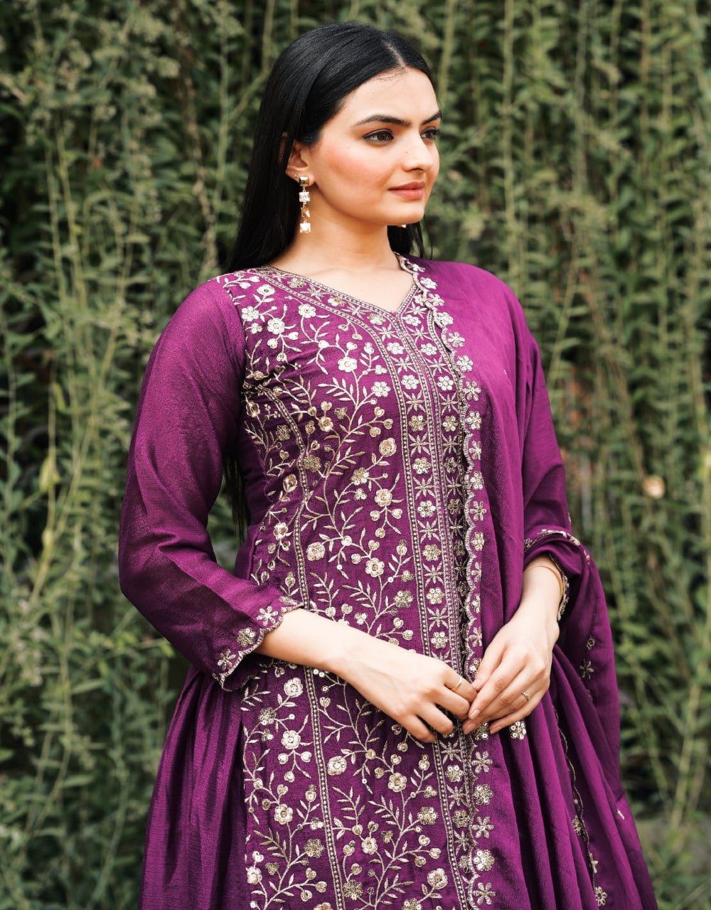 Prazu Fashion Wine Chinon Silk Embroidered Sharara Suit | Grocsy