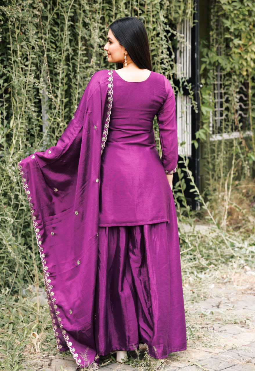 Prazu Fashion Wine Chinon Silk Embroidered Sharara Suit | Grocsy