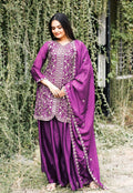 Prazu Fashion Wine Chinon Silk Embroidered Sharara Suit | Grocsy