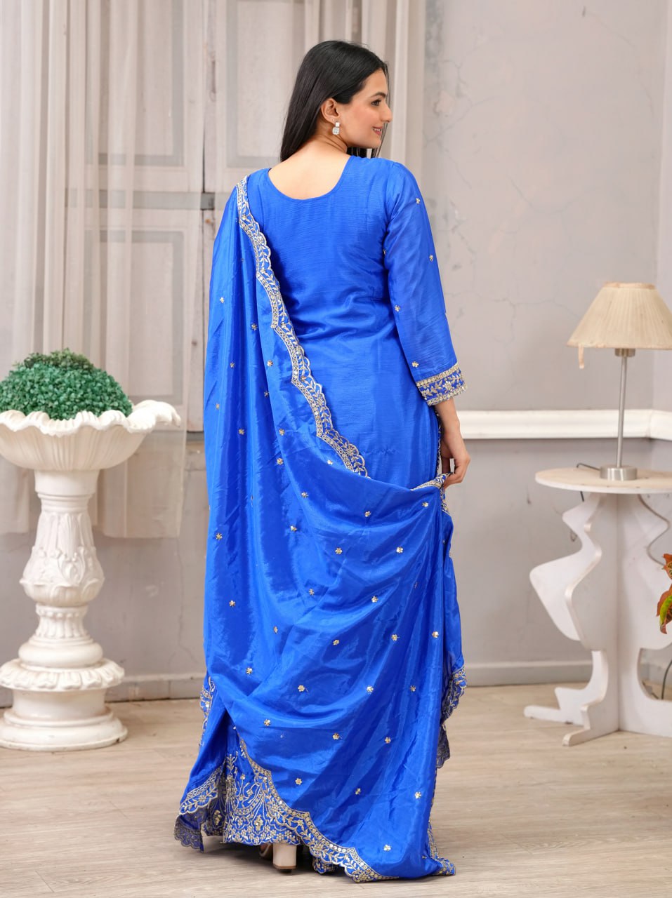Teeya Creation Blue Color Chinnon Silk Heavy Embroidery Work Fully Stitched Sharara Suit | Grocsy
