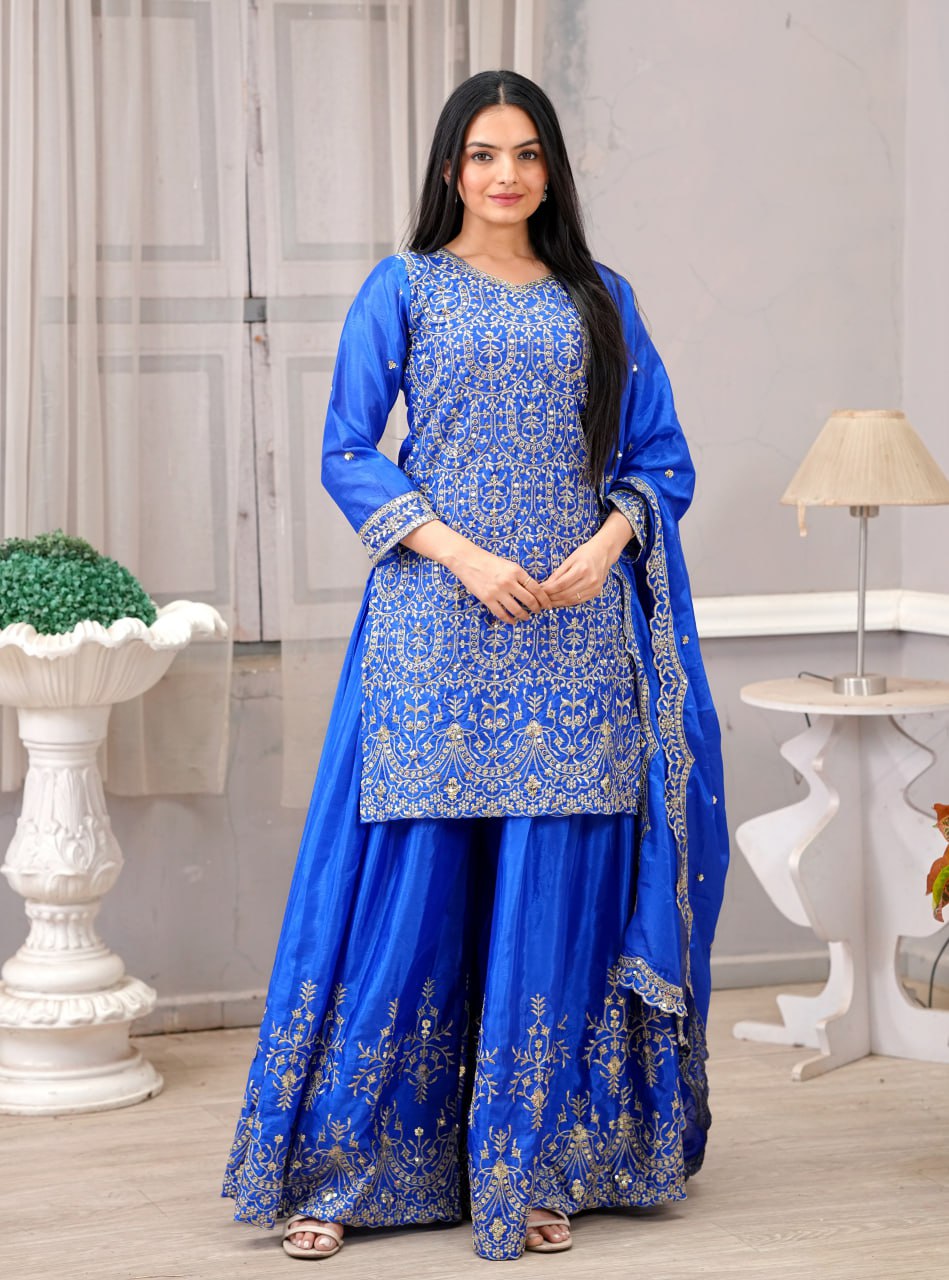 Teeya Creation Blue Color Chinnon Silk Heavy Embroidery Work Fully Stitched Sharara Suit | Grocsy