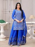 Teeya Creation Blue Color Chinnon Silk Heavy Embroidery Work Fully Stitched Sharara Suit | Grocsy