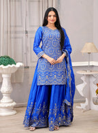 Teeya Creation Blue Color Chinnon Silk Heavy Embroidery Work Fully Stitched Sharara Suit | Grocsy