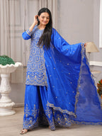 Teeya Creation Blue Color Chinnon Silk Heavy Embroidery Work Fully Stitched Sharara Suit | Grocsy