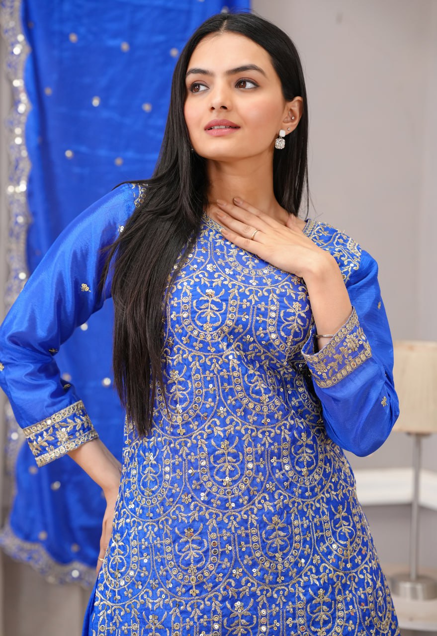 Teeya Creation Blue Color Chinnon Silk Heavy Embroidery Work Fully Stitched Sharara Suit | Grocsy