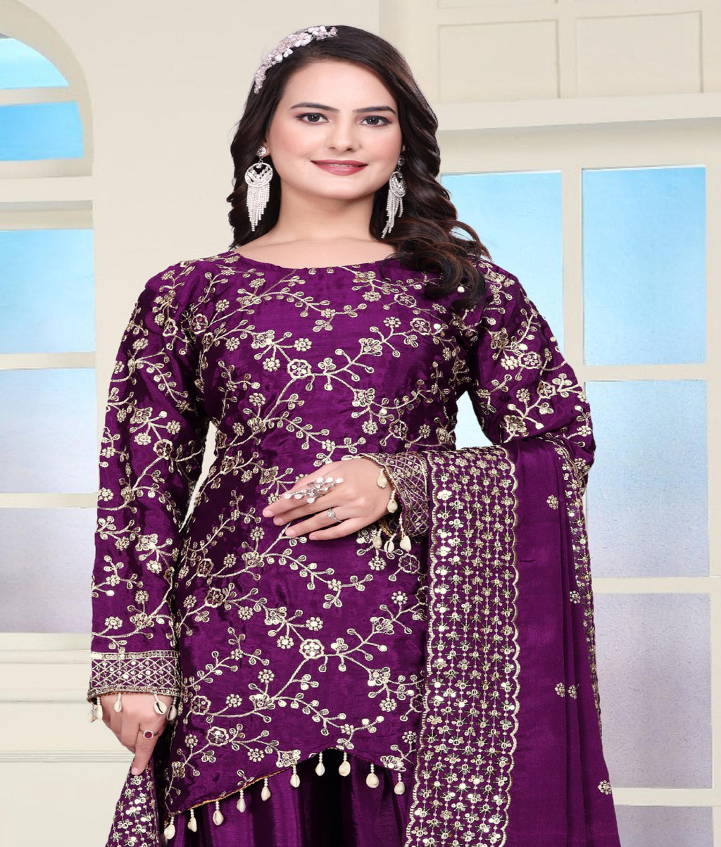 Teeya Creation Wine Color Chinnon Silk Heavy Embroidery Work Fully Stitched Sharara Suit | Grocsy