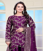 Teeya Creation Wine Color Chinnon Silk Heavy Embroidery Work Fully Stitched Sharara Suit | Grocsy