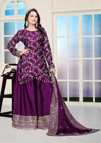 Teeya Creation Wine Color Chinnon Silk Heavy Embroidery Work Fully Stitched Sharara Suit | Grocsy