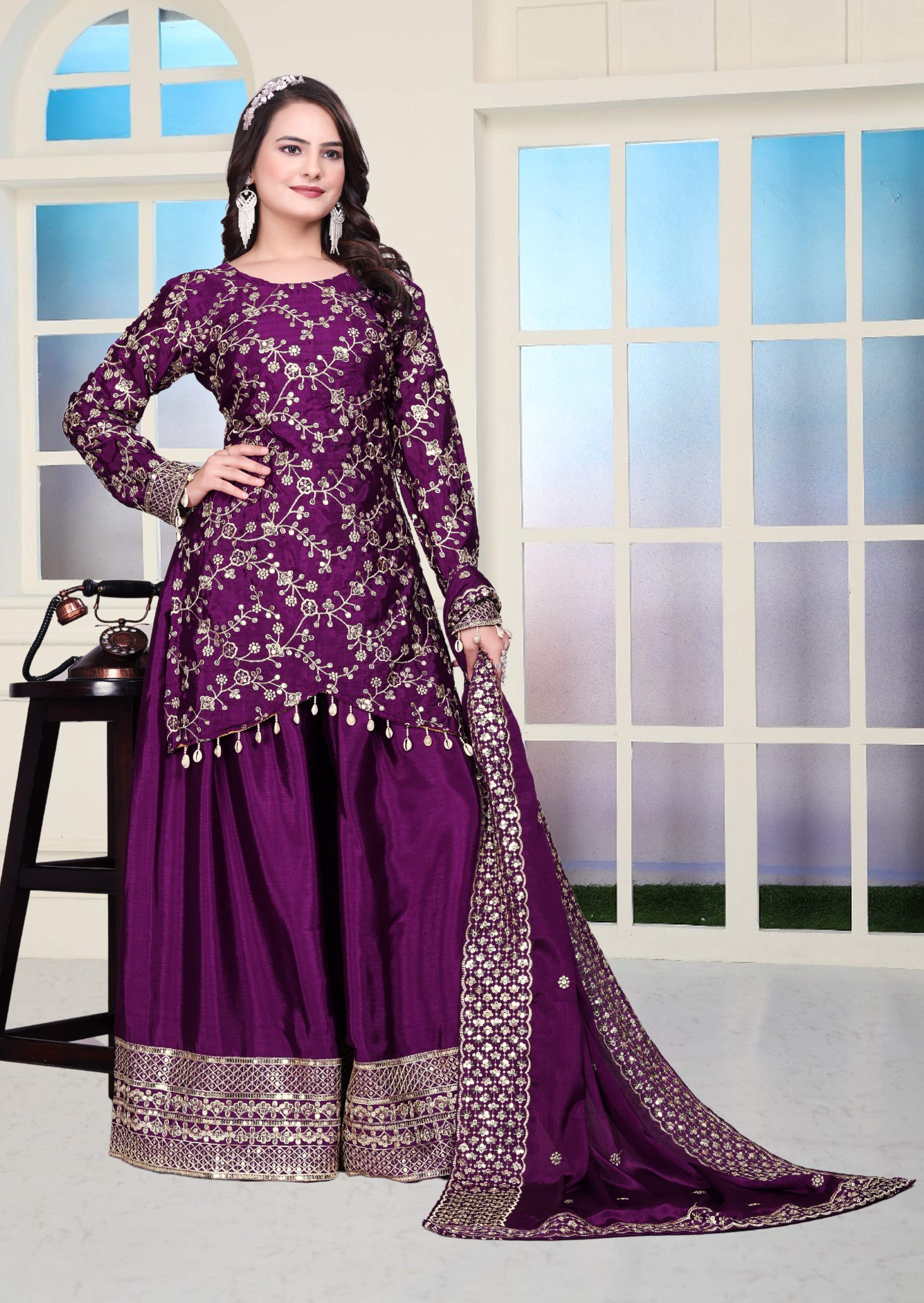 Teeya Creation Wine Color Chinnon Silk Heavy Embroidery Work Fully Stitched Sharara Suit | Grocsy