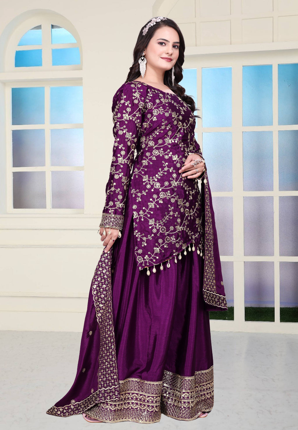 Teeya Creation Wine Color Chinnon Silk Heavy Embroidery Work Fully Stitched Sharara Suit | Grocsy