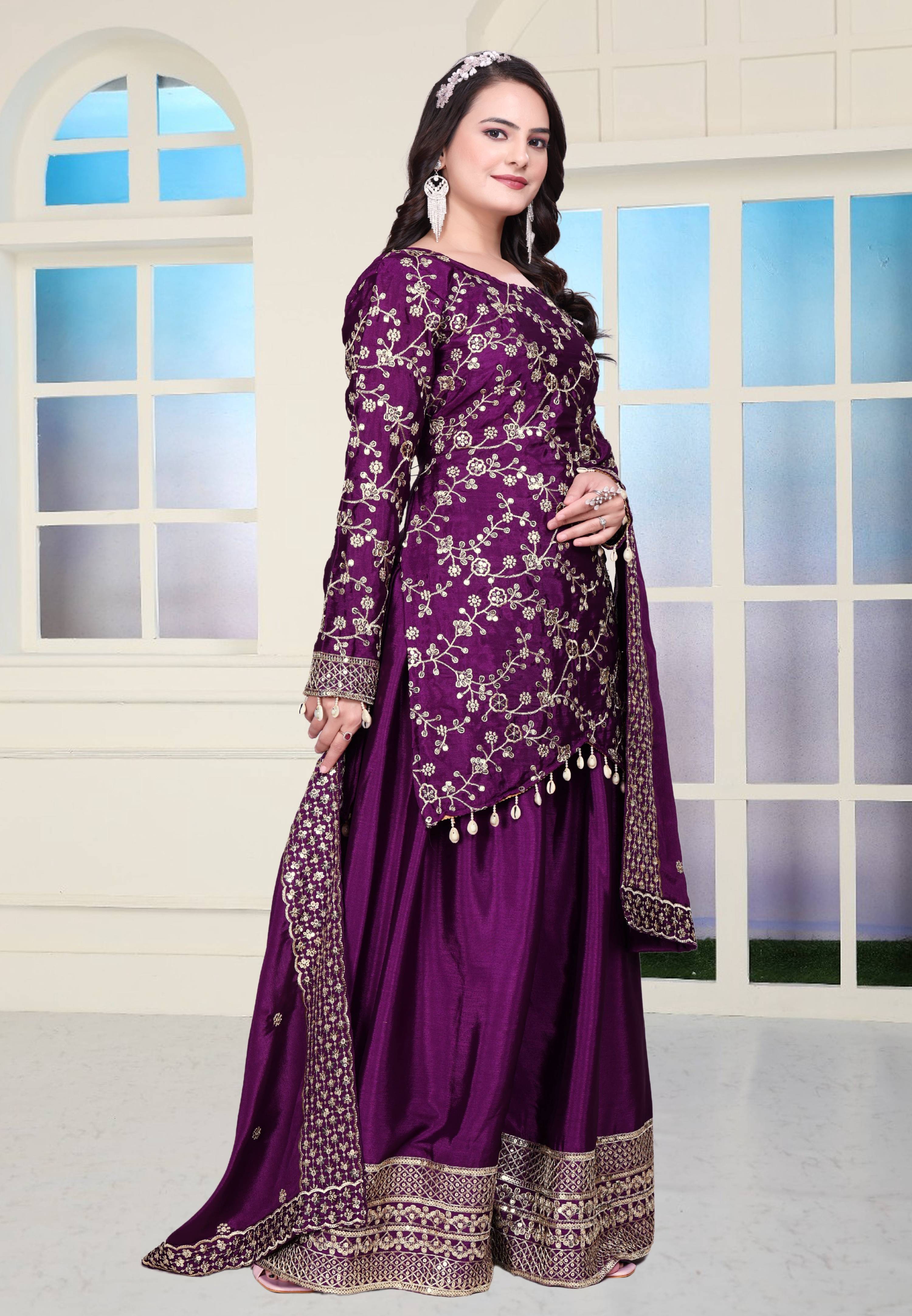 Teeya Creation Wine Color Chinnon Silk Heavy Embroidery Work Fully Stitched Sharara Suit | Grocsy