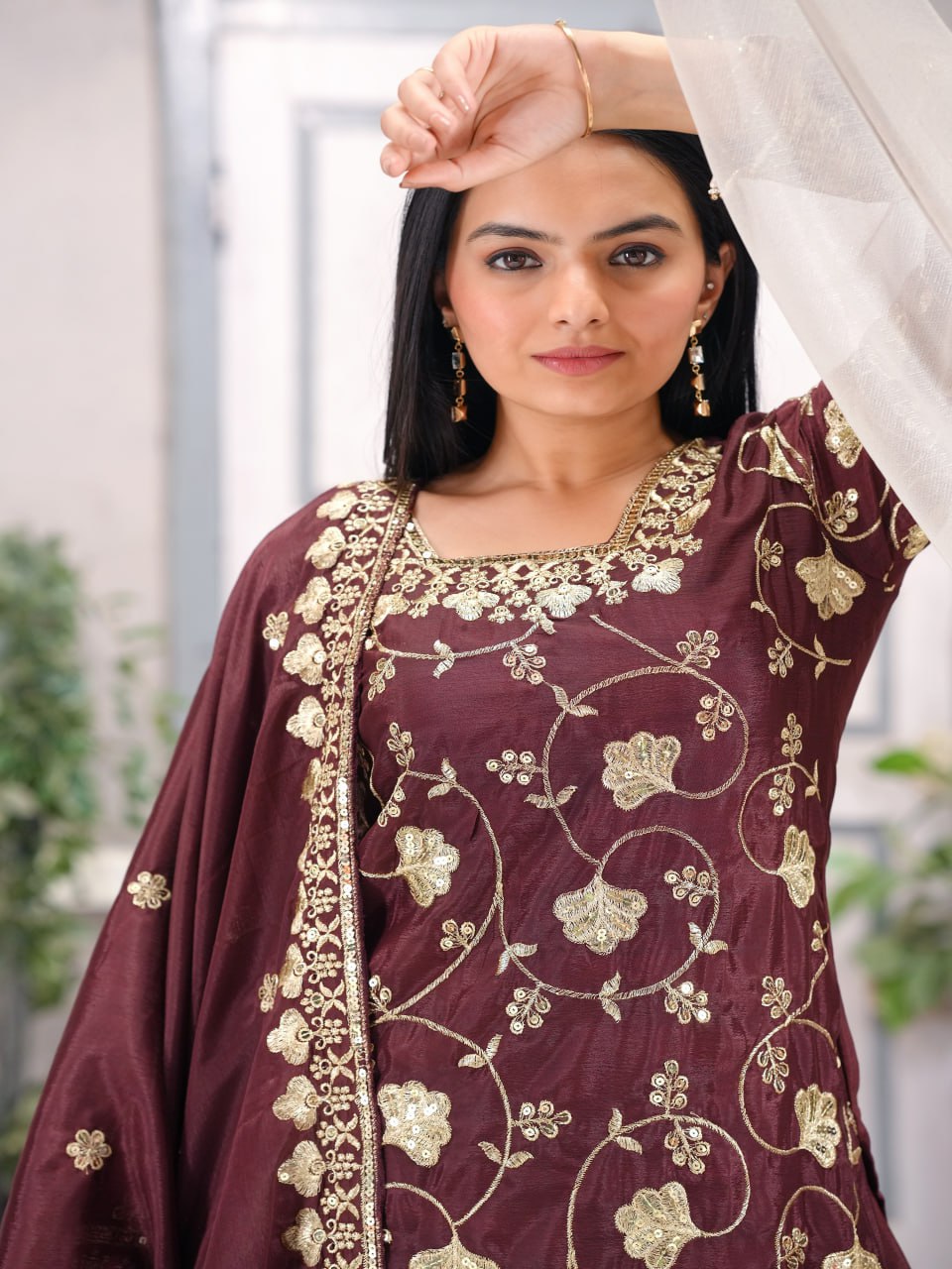Teeya Creation Maroon Color Chinnon Silk Embroidery Work Fully Stitched Salwar Suit | Grocsy
