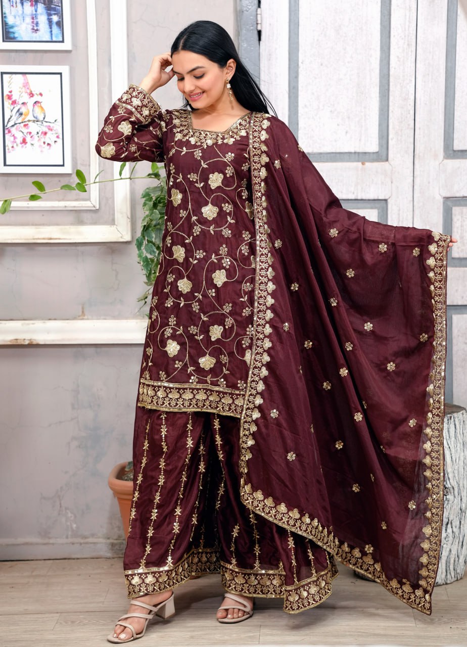 Teeya Creation Maroon Color Chinnon Silk Embroidery Work Fully Stitched Salwar Suit | Grocsy