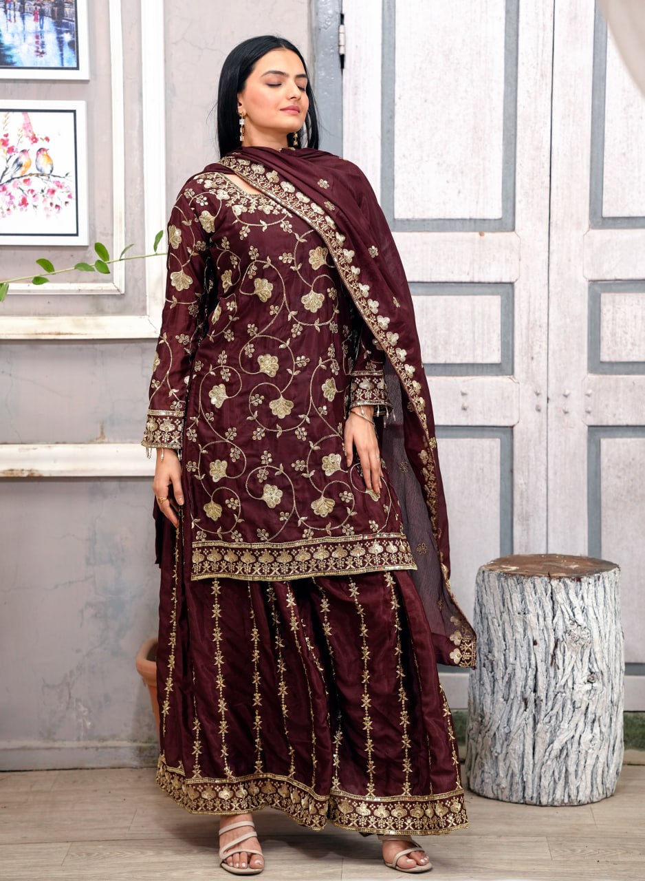 Teeya Creation Maroon Color Chinnon Silk Embroidery Work Fully Stitched Salwar Suit | Grocsy
