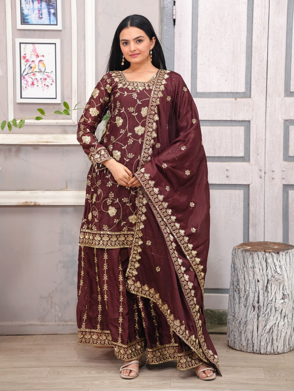 Teeya Creation Maroon Color Chinnon Silk Embroidery Work Fully Stitched Salwar Suit | Grocsy