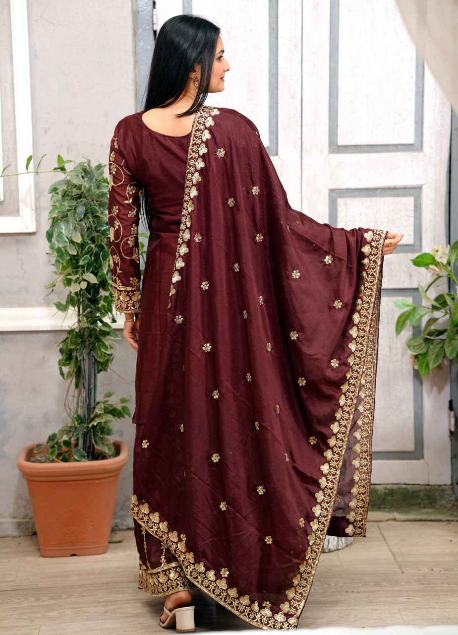Teeya Creation Maroon Color Chinnon Silk Embroidery Work Fully Stitched Salwar Suit | Grocsy