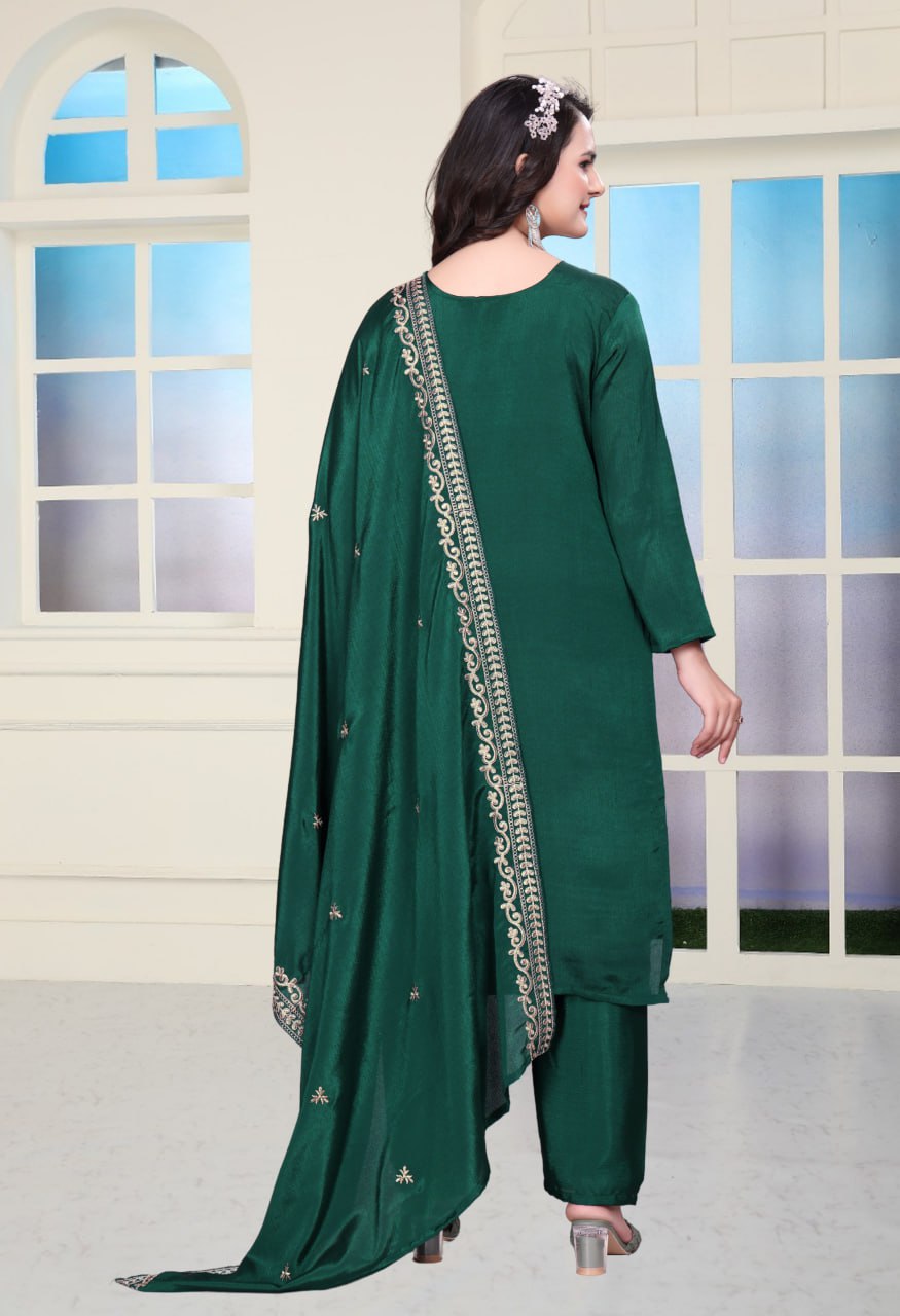 Teeya Creation Green Color Chinnon Silk Embroidery Work Fully Stitched Salwar Suit | Grocsy
