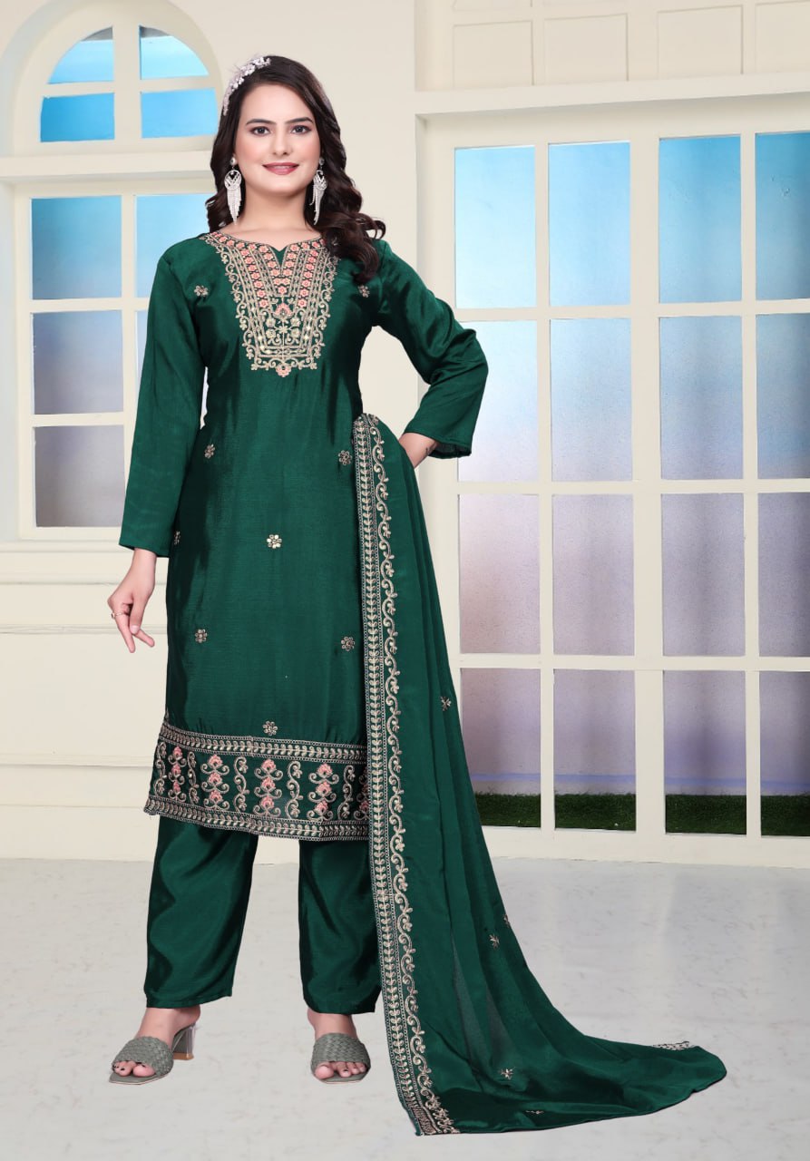 Teeya Creation Green Color Chinnon Silk Embroidery Work Fully Stitched Salwar Suit | Grocsy