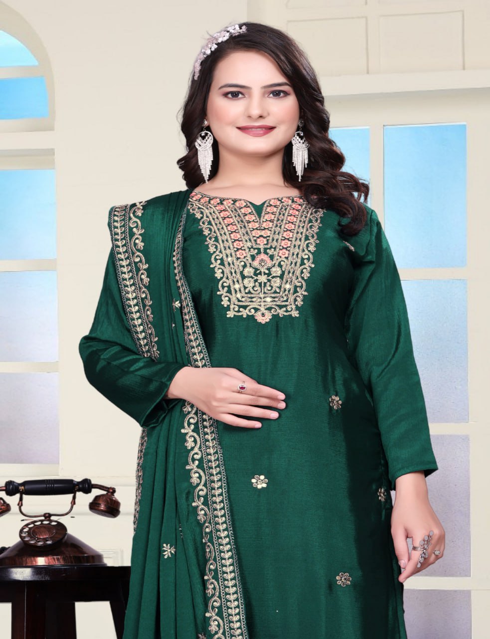 Teeya Creation Green Color Chinnon Silk Embroidery Work Fully Stitched Salwar Suit | Grocsy
