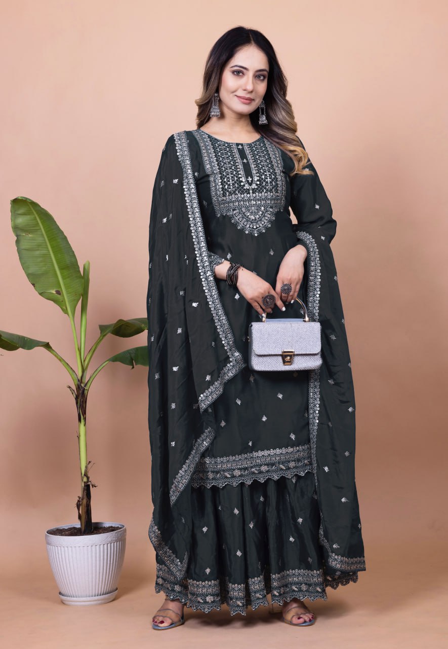 Teeya Creation Black Color Chinnon Silk Embroidery Work Fully Stitched Salwar Suit | Grocsy